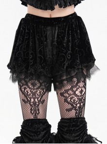 Black Loose Plush Printed Pattern With Lace Trim Gothic Style Shorts