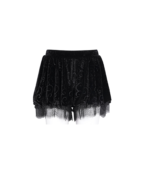 Black Loose Plush Printed Pattern With Lace Trim Gothic Style Shorts