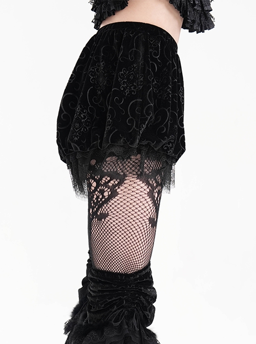 Black Loose Plush Printed Pattern With Lace Trim Gothic Style Shorts