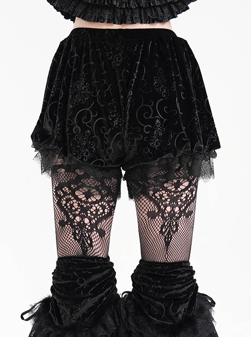 Black Loose Plush Printed Pattern With Lace Trim Gothic Style Shorts