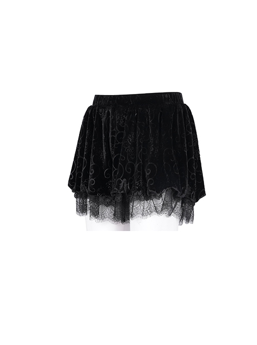 Black Loose Plush Printed Pattern With Lace Trim Gothic Style Shorts