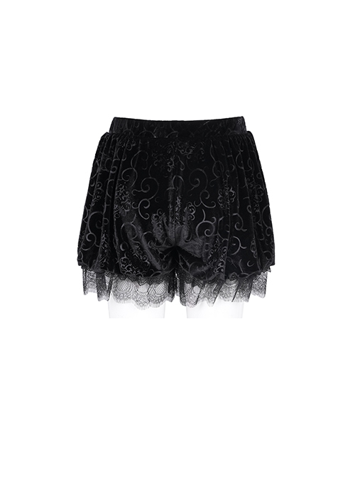 Black Loose Plush Printed Pattern With Lace Trim Gothic Style Shorts