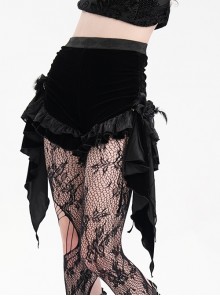 Black Vintage Plush Fabric Ruffled Hem Side Feather Pleated Tail Decoration Gothic Style Hot Pants