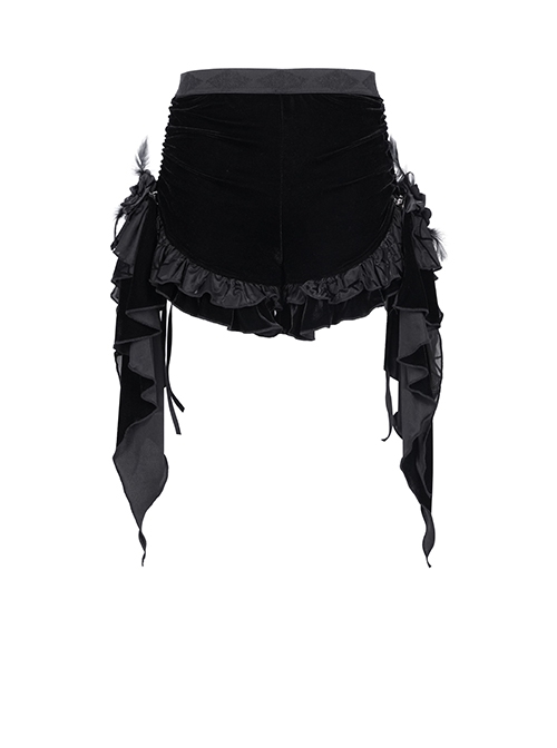 Black Vintage Plush Fabric Ruffled Hem Side Feather Pleated Tail Decoration Gothic Style Hot Pants