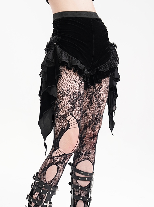 Black Vintage Plush Fabric Ruffled Hem Side Feather Pleated Tail Decoration Gothic Style Hot Pants