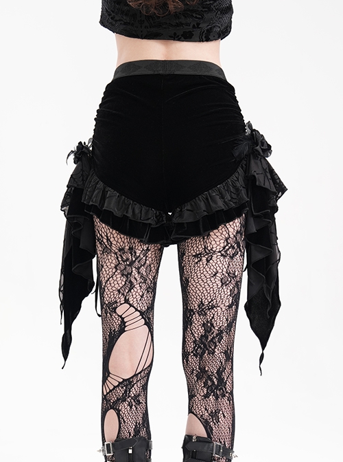 Black Vintage Plush Fabric Ruffled Hem Side Feather Pleated Tail Decoration Gothic Style Hot Pants