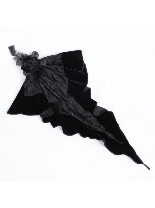 Black Vintage Plush Fabric Ruffled Hem Side Feather Pleated Tail Decoration Gothic Style Hot Pants