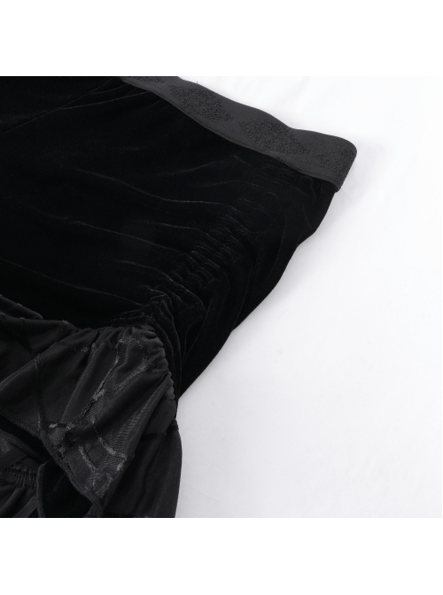 Black Vintage Plush Fabric Ruffled Hem Side Feather Pleated Tail Decoration Gothic Style Hot Pants