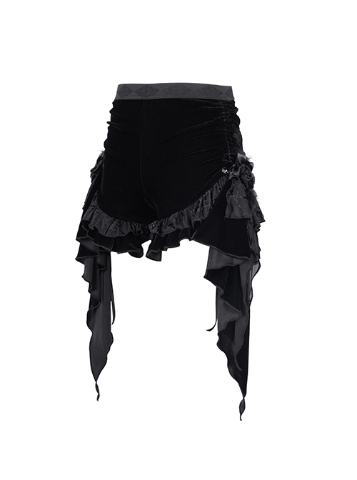Black Vintage Plush Fabric Ruffled Hem Side Feather Pleated Tail Decoration Gothic Style Hot Pants