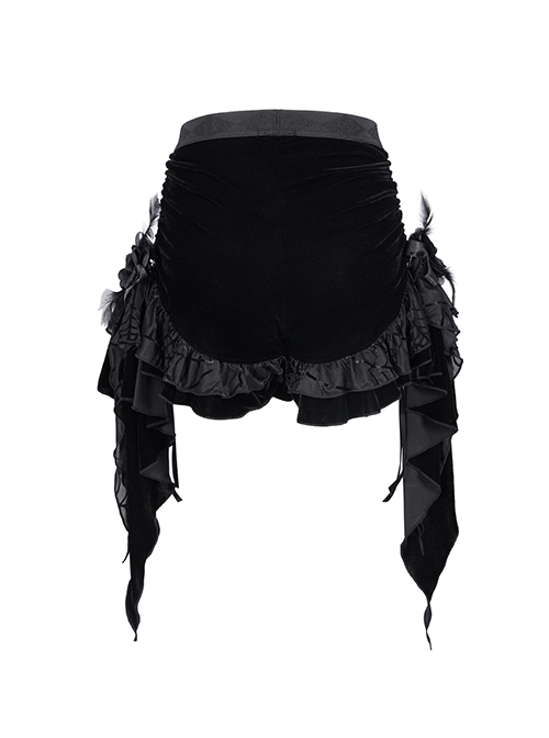 Black Vintage Plush Fabric Ruffled Hem Side Feather Pleated Tail Decoration Gothic Style Hot Pants