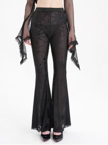 Sexy Black Slightly Transparent Spider Web Pattern Fabric Elastic Waist Design Punk Style Slim Flared Pants
