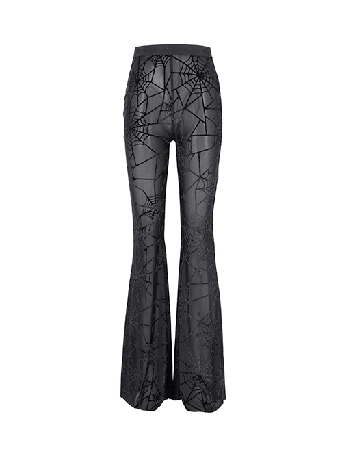 Sexy Black Slightly Transparent Spider Web Pattern Fabric Elastic Waist Design Punk Style Slim Flared Pants
