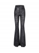 Sexy Black Slightly Transparent Spider Web Pattern Fabric Elastic Waist Design Punk Style Slim Flared Pants