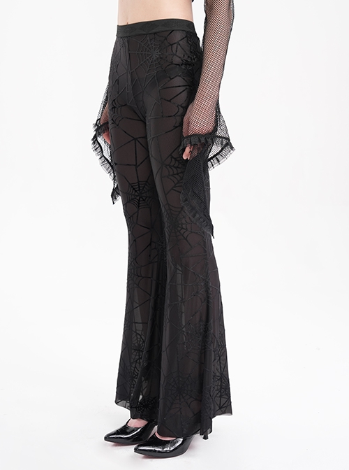 Sexy Black Slightly Transparent Spider Web Pattern Fabric Elastic Waist Design Punk Style Slim Flared Pants