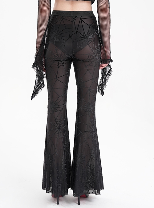 Sexy Black Slightly Transparent Spider Web Pattern Fabric Elastic Waist Design Punk Style Slim Flared Pants