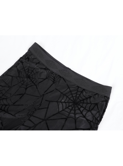 Sexy Black Slightly Transparent Spider Web Pattern Fabric Elastic Waist Design Punk Style Slim Flared Pants