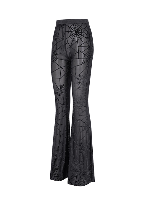 Sexy Black Slightly Transparent Spider Web Pattern Fabric Elastic Waist Design Punk Style Slim Flared Pants