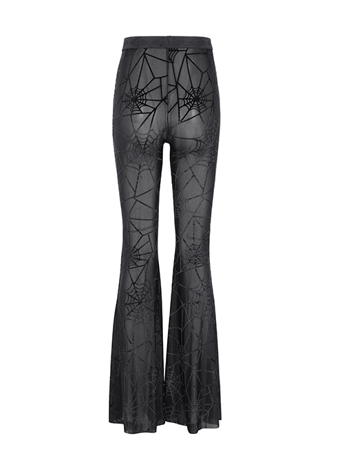 Sexy Black Slightly Transparent Spider Web Pattern Fabric Elastic Waist Design Punk Style Slim Flared Pants