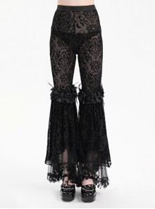 Personalized Black Micro Transparent Print Splicing Three Dimensional Lace Flower Trouser Legs Punk Style Slim Flared Pants