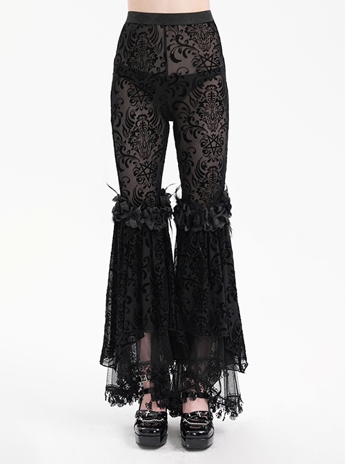 Personalized Black Micro Transparent Print Splicing Three Dimensional Lace Flower Trouser Legs Punk Style Slim Flared Pants