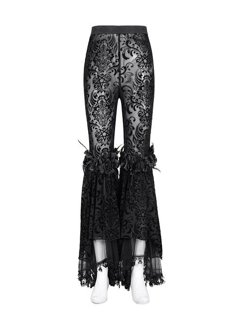 Personalized Black Micro Transparent Print Splicing Three Dimensional Lace Flower Trouser Legs Punk Style Slim Flared Pants
