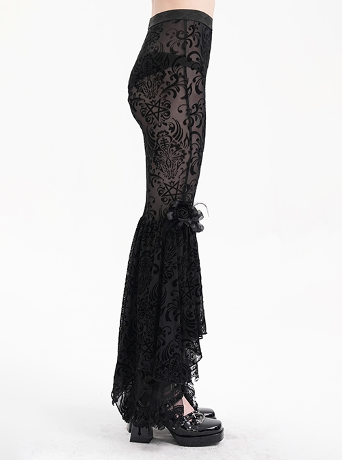 Personalized Black Micro Transparent Print Splicing Three Dimensional Lace Flower Trouser Legs Punk Style Slim Flared Pants