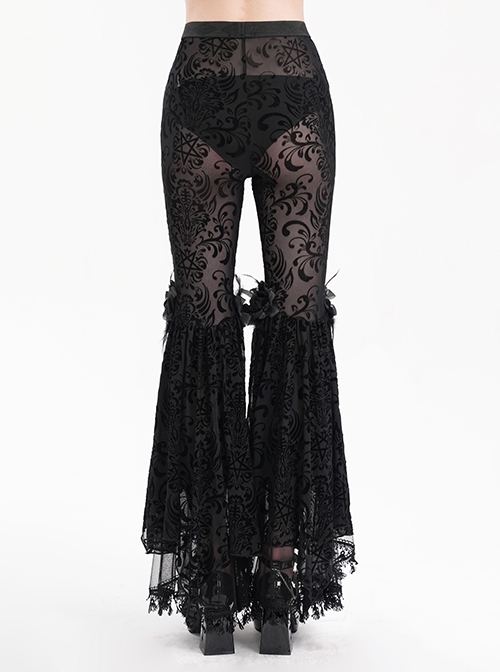 Personalized Black Micro Transparent Print Splicing Three Dimensional Lace Flower Trouser Legs Punk Style Slim Flared Pants