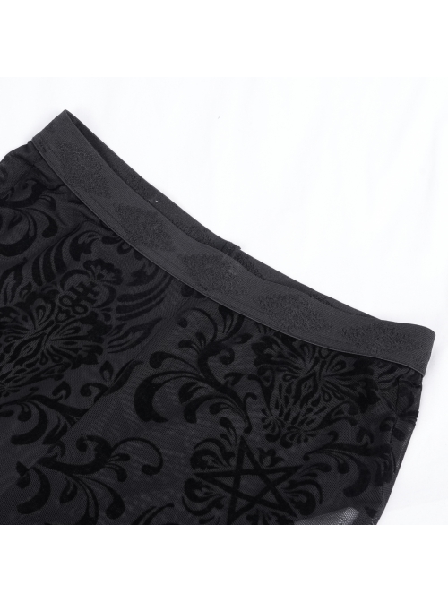 Personalized Black Micro Transparent Print Splicing Three Dimensional Lace Flower Trouser Legs Punk Style Slim Flared Pants