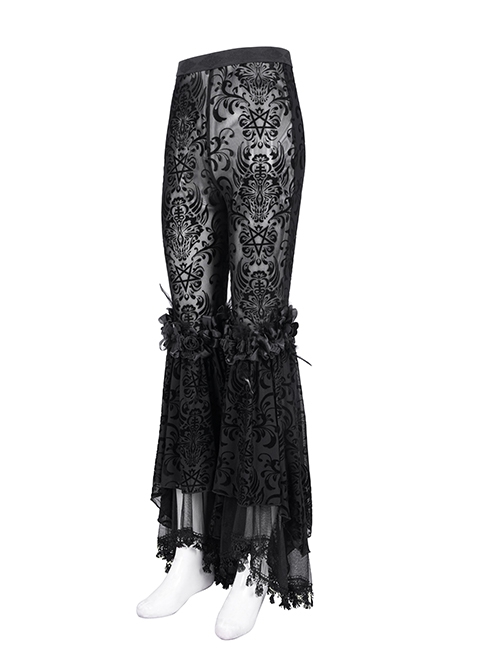 Personalized Black Micro Transparent Print Splicing Three Dimensional Lace Flower Trouser Legs Punk Style Slim Flared Pants