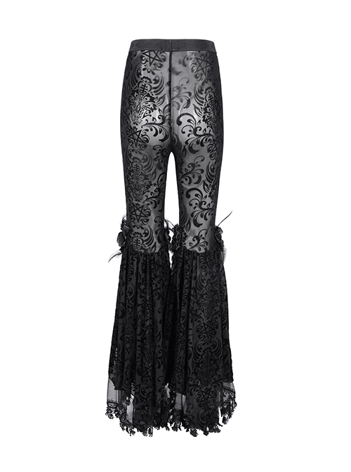 Personalized Black Micro Transparent Print Splicing Three Dimensional Lace Flower Trouser Legs Punk Style Slim Flared Pants