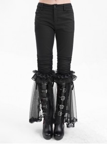 Personalized Black Simple Pleated Stitching Lace Mesh Fabric Gothic Style Pants