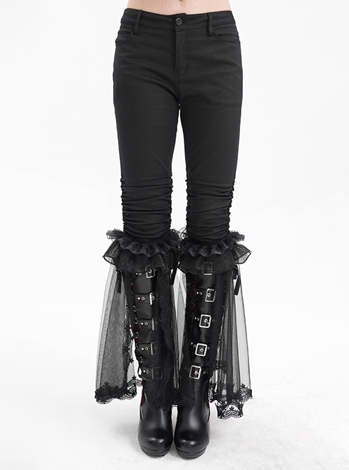 Personalized Black Simple Pleated Stitching Lace Mesh Fabric Gothic Style Pants