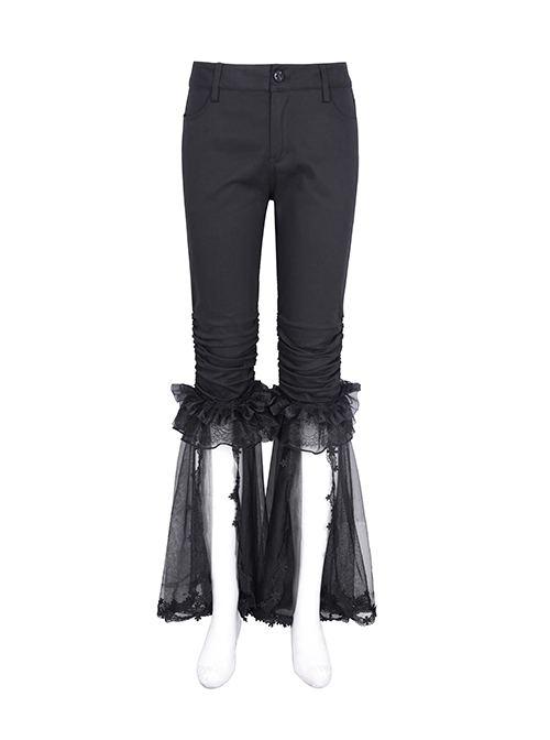 Personalized Black Simple Pleated Stitching Lace Mesh Fabric Gothic Style Pants