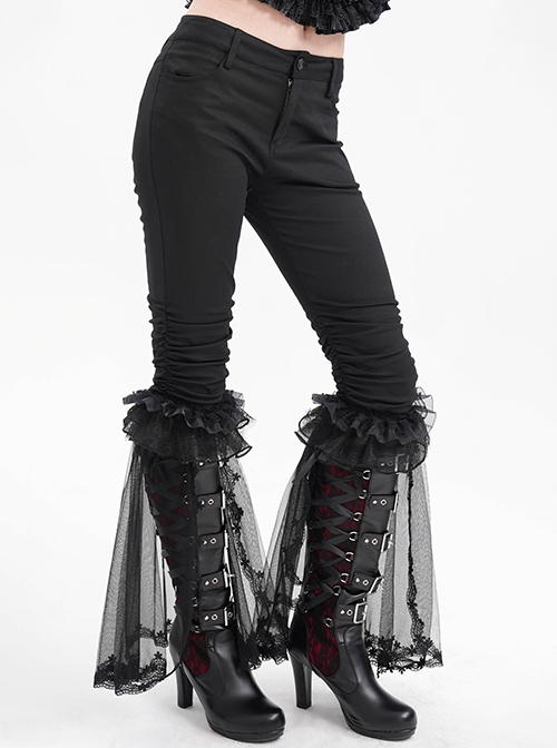 Personalized Black Simple Pleated Stitching Lace Mesh Fabric Gothic Style Pants