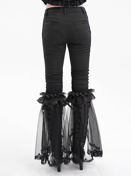 Personalized Black Simple Pleated Stitching Lace Mesh Fabric Gothic Style Pants