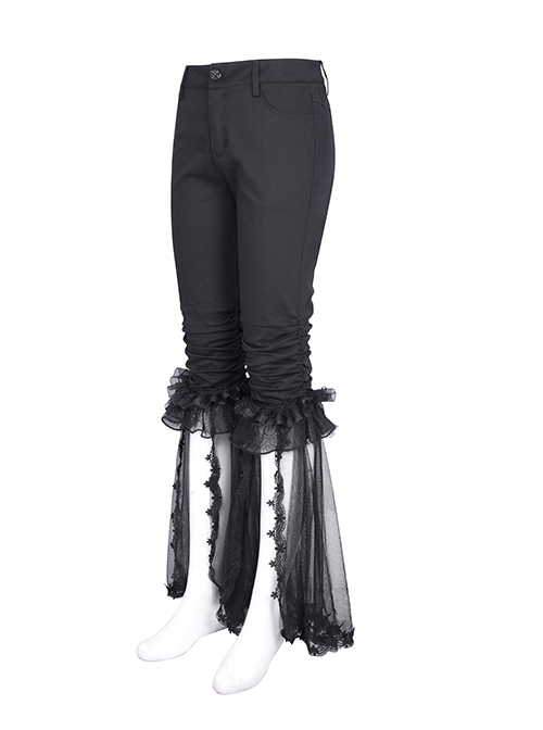 Personalized Black Simple Pleated Stitching Lace Mesh Fabric Gothic Style Pants