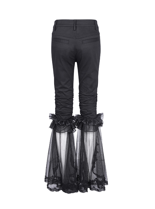 Personalized Black Simple Pleated Stitching Lace Mesh Fabric Gothic Style Pants