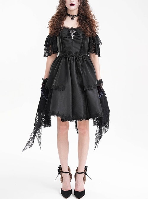 Black Skull Pattern With Lace Metal Cross Embellished Gothic Style Suspender Short Sleeve Dress