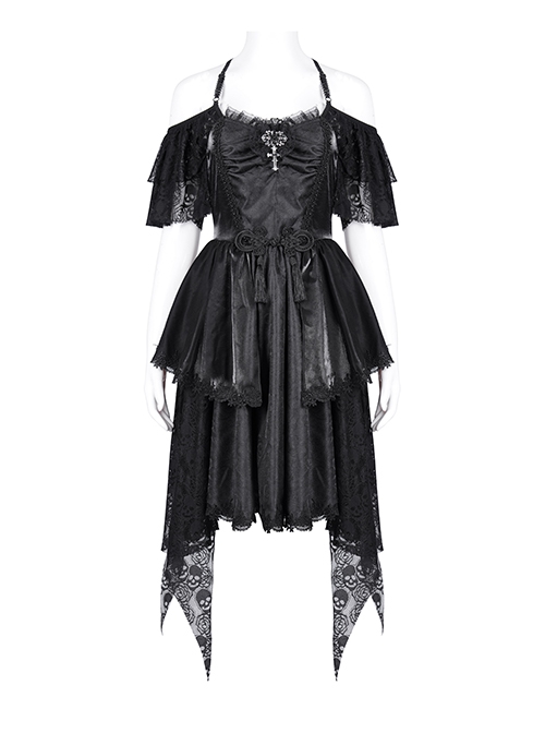 Black Skull Pattern With Lace Metal Cross Embellished Gothic Style Suspender Short Sleeve Dress