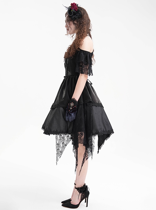Black Skull Pattern With Lace Metal Cross Embellished Gothic Style Suspender Short Sleeve Dress