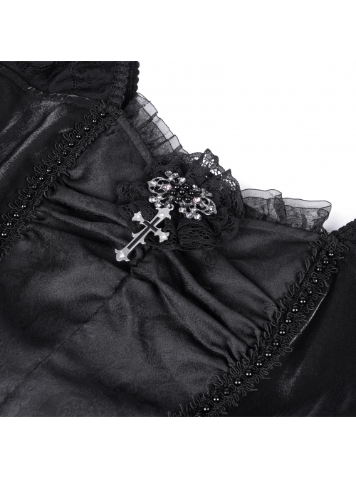 Black Skull Pattern With Lace Metal Cross Embellished Gothic Style Suspender Short Sleeve Dress