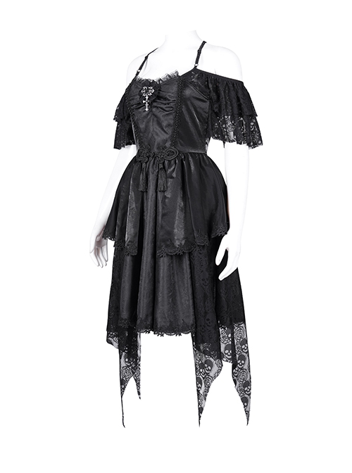 Black Skull Pattern With Lace Metal Cross Embellished Gothic Style Suspender Short Sleeve Dress