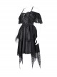 Black Skull Pattern With Lace Metal Cross Embellished Gothic Style Suspender Short Sleeve Dress