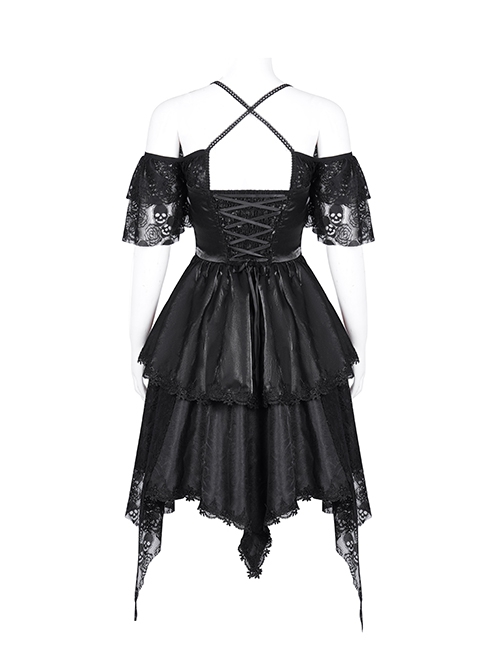 Black Skull Pattern With Lace Metal Cross Embellished Gothic Style Suspender Short Sleeve Dress