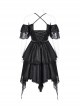 Black Skull Pattern With Lace Metal Cross Embellished Gothic Style Suspender Short Sleeve Dress