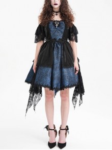 Black And Blue Skull Pattern With Lace Metal Cross Embellished Gothic Style Suspender Short Sleeve Dress