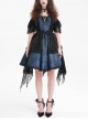 Black And Blue Skull Pattern With Lace Metal Cross Embellished Gothic Style Suspender Short Sleeve Dress