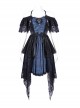 Black And Blue Skull Pattern With Lace Metal Cross Embellished Gothic Style Suspender Short Sleeve Dress