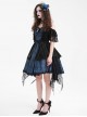 Black And Blue Skull Pattern With Lace Metal Cross Embellished Gothic Style Suspender Short Sleeve Dress