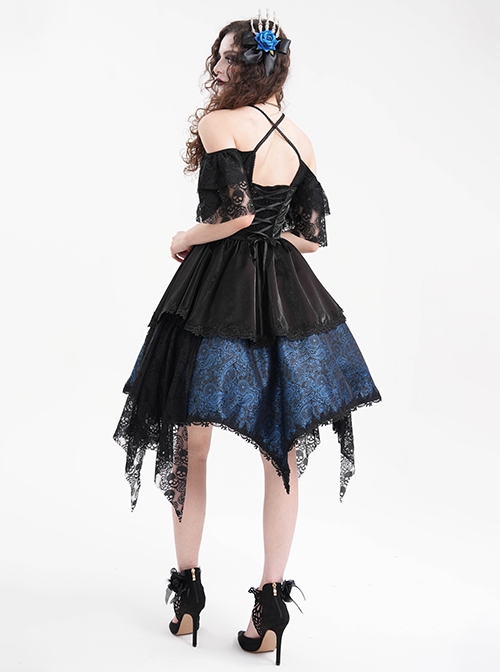 Black And Blue Skull Pattern With Lace Metal Cross Embellished Gothic Style  Suspender Short Sleeve Dress